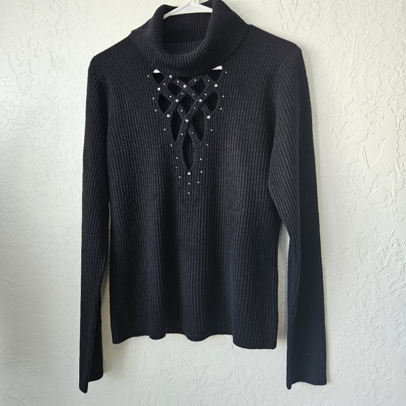 Newport  News Black Bling Turtleneck Sz Large Bodycon Y2K Whimsigoth Turtleneck - Picture 4 of 9